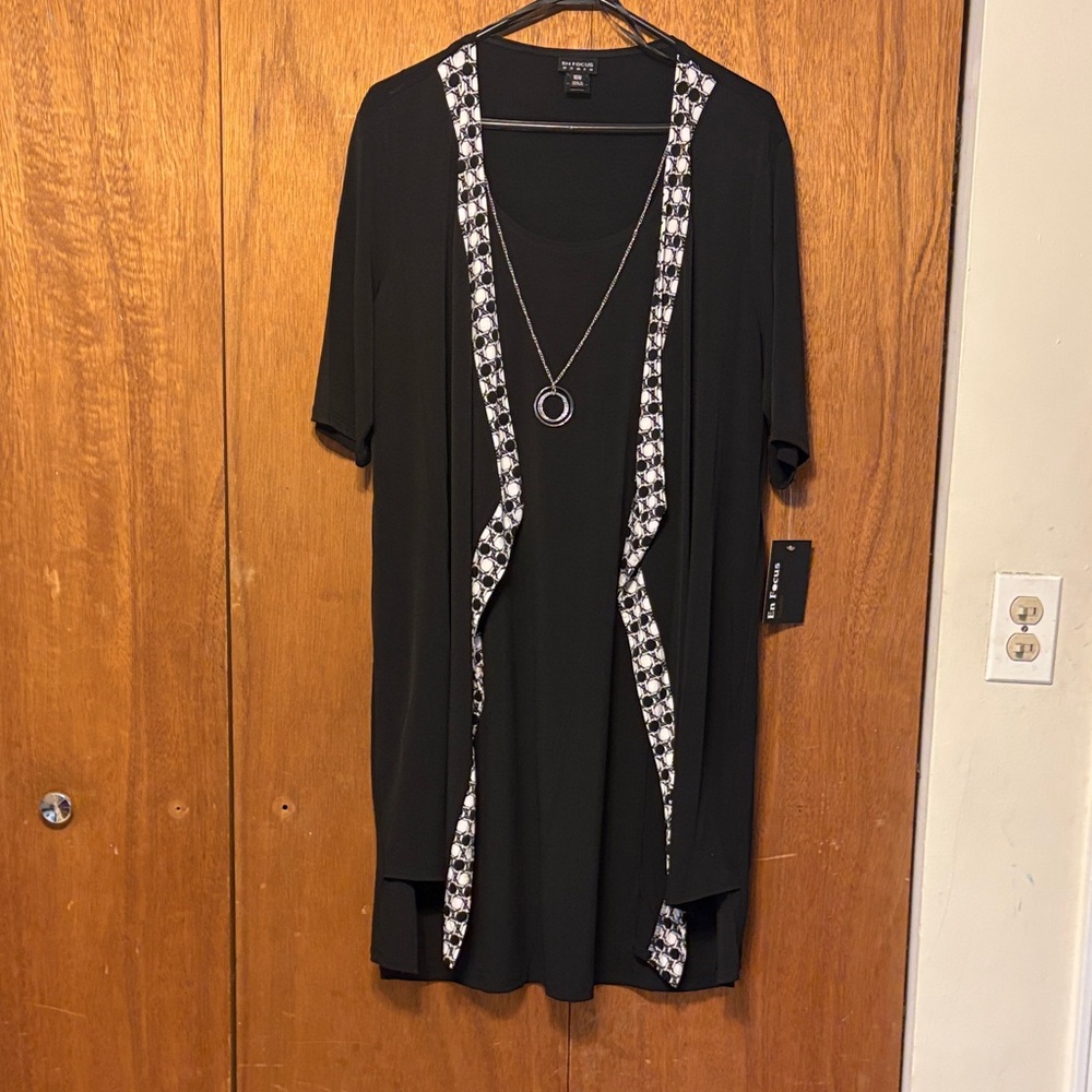 Enfocus Studio Black Midi Dress with White Geometric Trim Accents